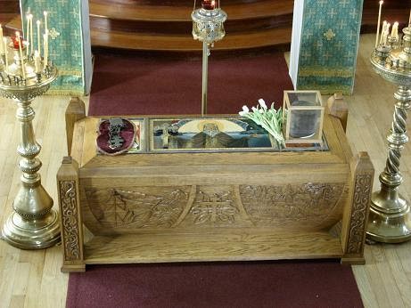 The Relics of St Herman of Alaska, placed in the center of the Ressurection Cathedral, on his Feast day in August